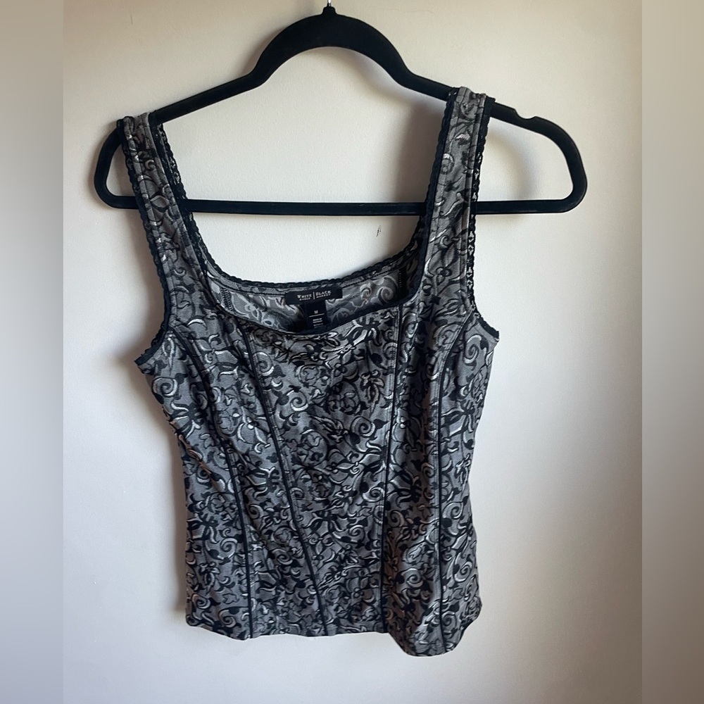 White House Black Market Charcoal Floral Brocade Corset Style Blouse size M (J)